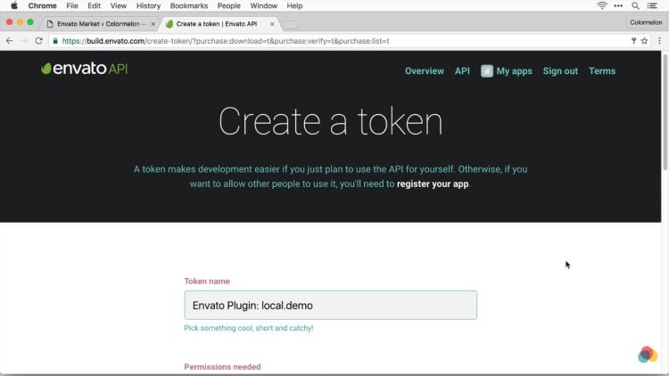 صفحه ایجاد توکن در افزونه Envato Market