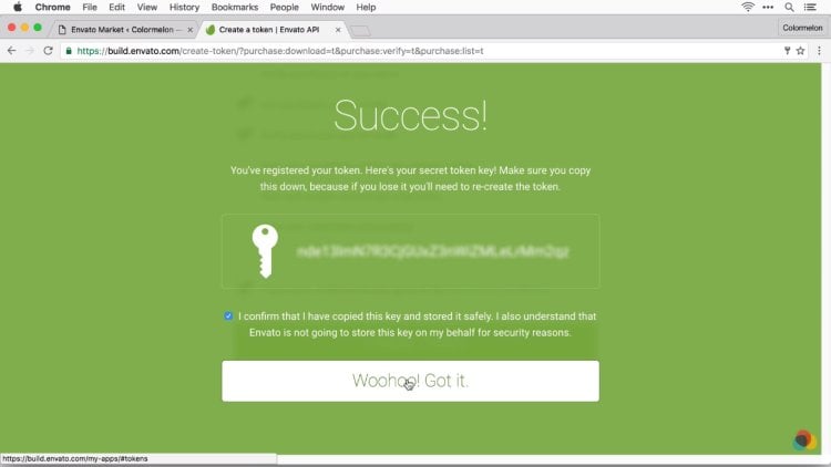 صفحه ایجاد توکن در افزونه Envato Market