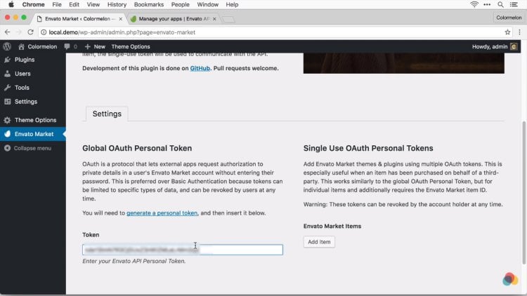تنظیمات Envato Market در پنل مدیریت وردپرس