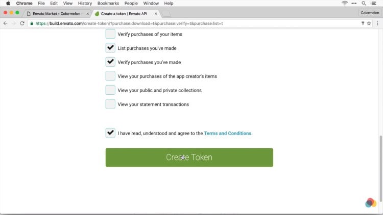 صفحه ایجاد توکن در افزونه Envato Market