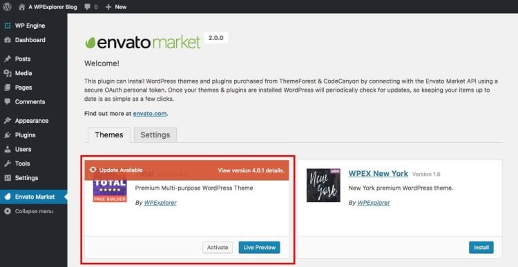 صفحه افزونه Envato Market در پنل مدیریت وردپرس