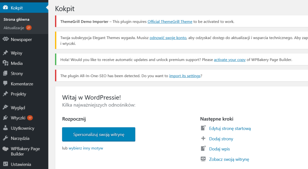 Po polsku pulpit zarządzania WordPressem nazywa się Kokpit