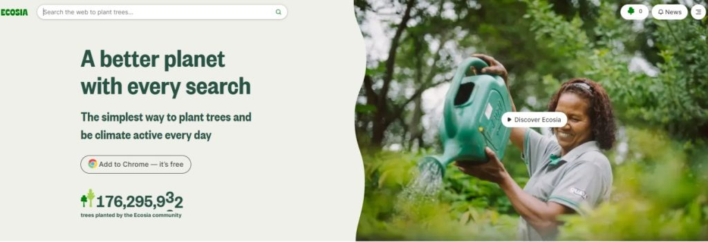 Os resultados de busca no Ecosia são fornecidos pela Microsoft, e uma parte da receita gerada pelas buscas é destinada ao financiamento de iniciativas de plantio de árvores.