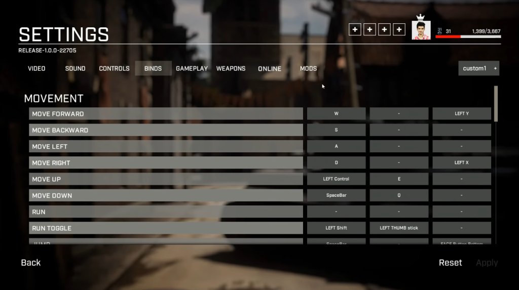 binding keys and controls settings