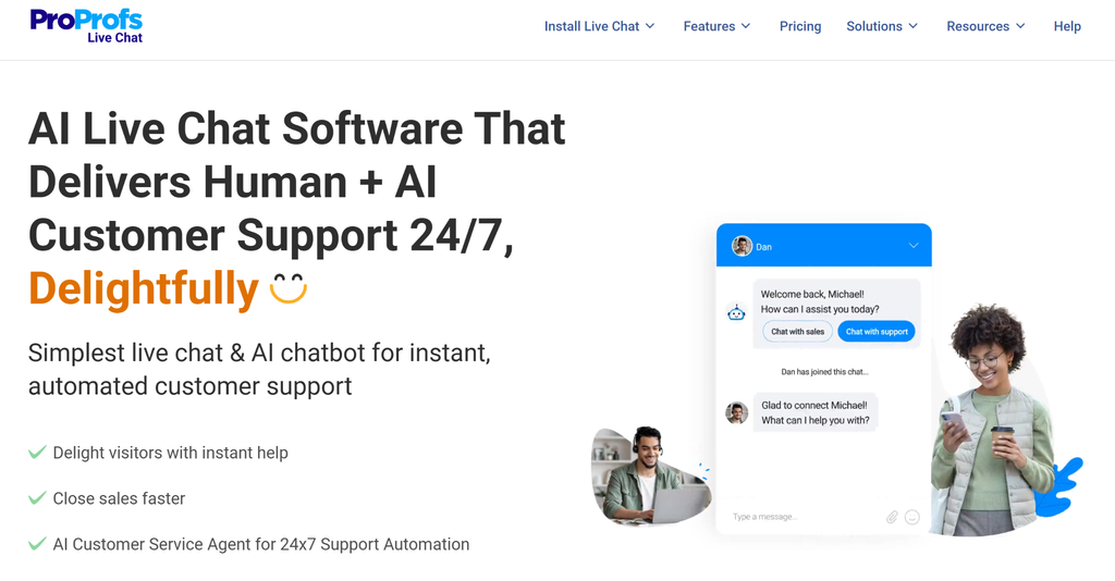ProProfs Live Chat homepage showing its AI live chat software and chat widget
