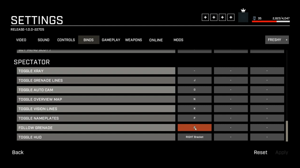 Impostazioni per granate e fumogeni
