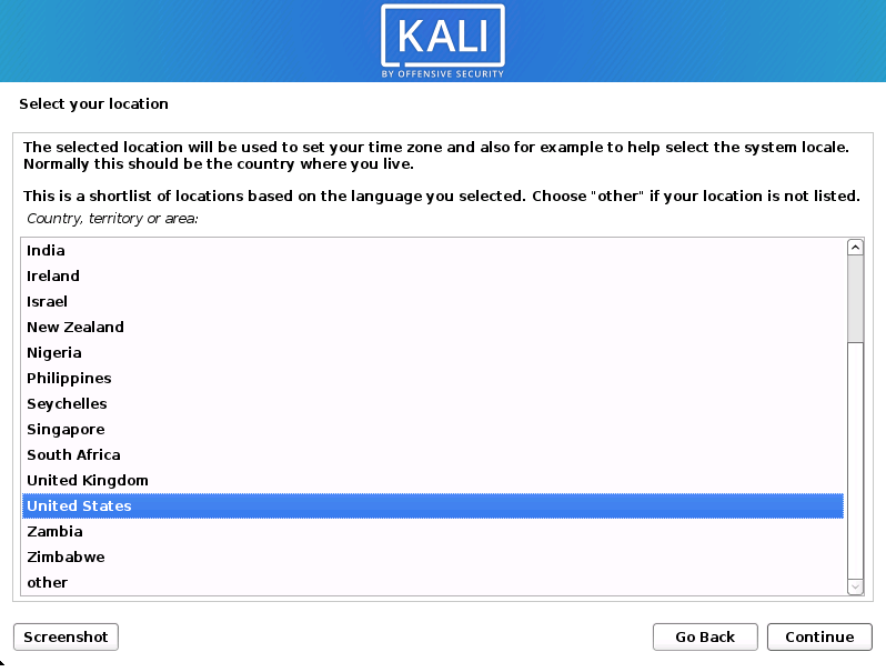 Kali Linux "Select Location" Page