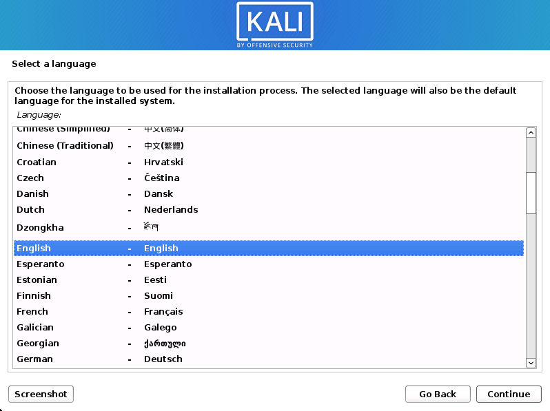 Kali Linux language page