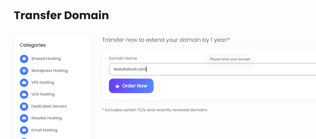 transfer domain to ultahost page