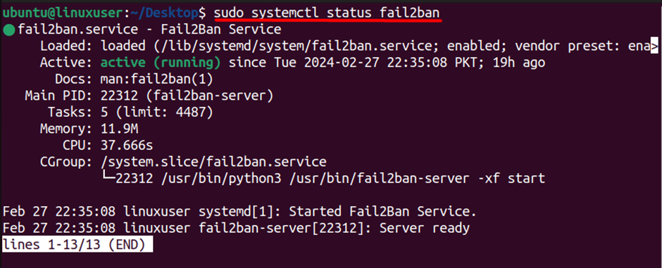 sudo systemctl status fail2ban