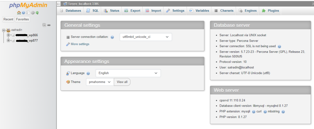 phpMyAdmin dashboard