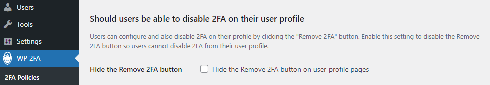 WP 2FA settings