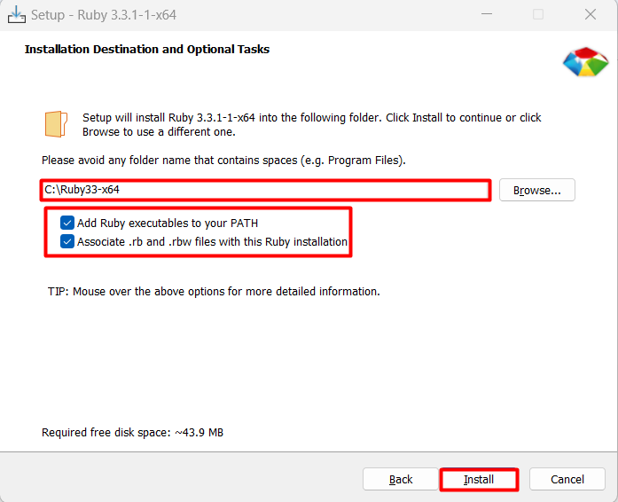 Choosing the Installation Location and Additional Options