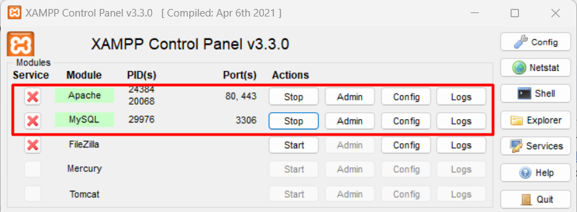 XAMPP control panel