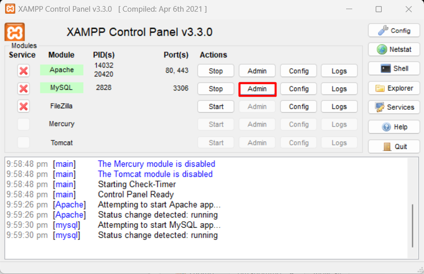 XAMPP control panel