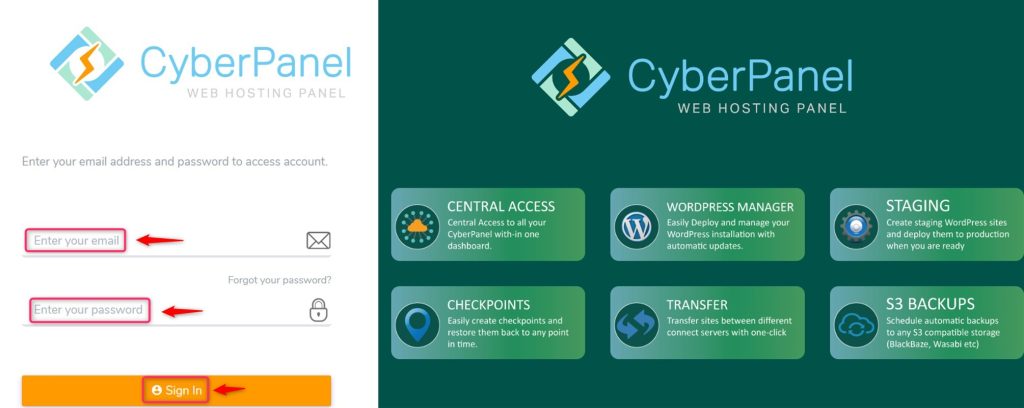 log in to the cyberpanel account