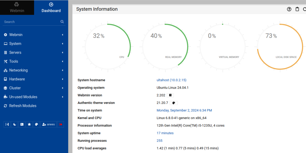 webmin dashboard