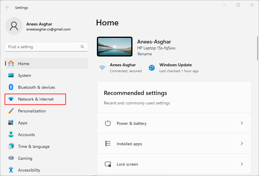 Open Network and Internet Settings