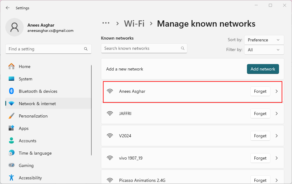 Select the network for which you want to update the settings