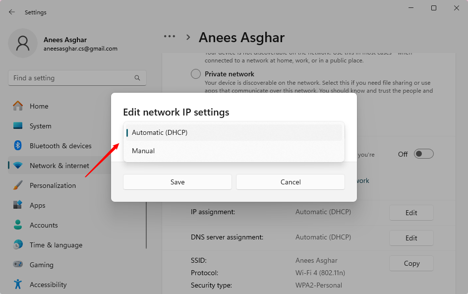 select the Automatic (DHCP) settings