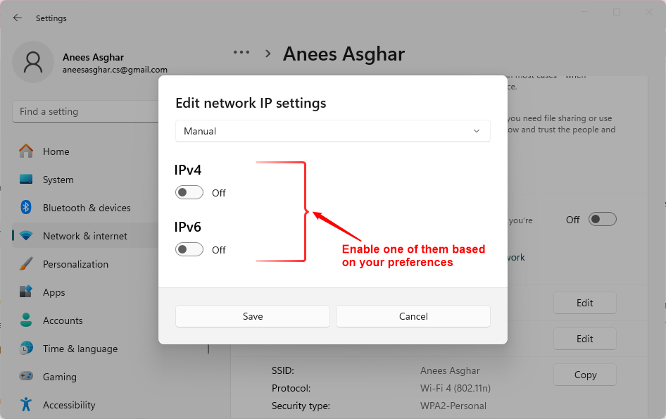 enable either IPv4 or IPv6 according to your preference