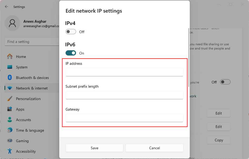 specify the IP address, Subnet mask, and Gateway