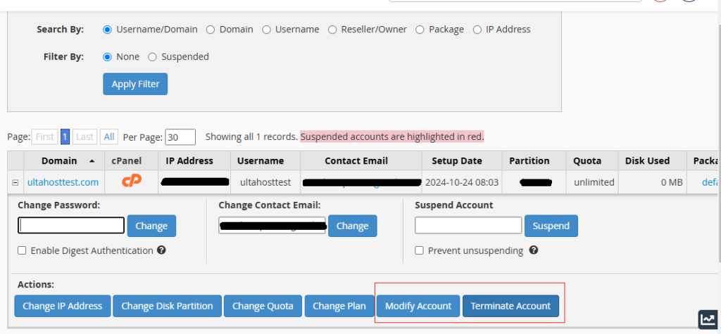 Modify cPanel account