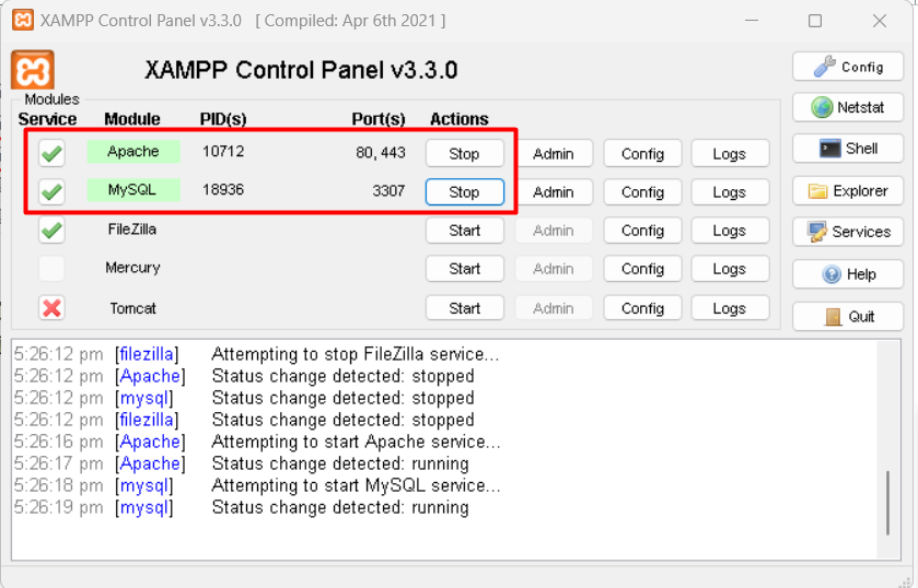 XAMPP control panel