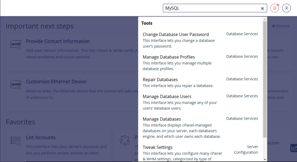 mysql WHM