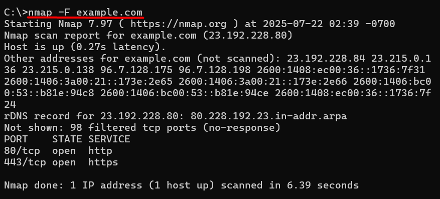 Nmap quick scan output showing open ports on example.com using the -F option in Windows