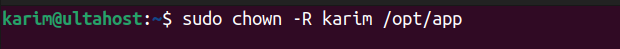 sudo chown -R karim:devs /opt/app to change user and group ownership recursively