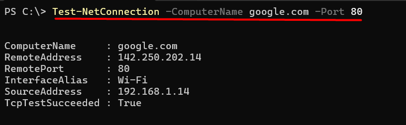 PowerShell output showing Test-NetConnection command testing port 80 on a remote host in Windows