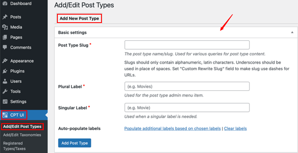 add or edit custom post types with cpt ui