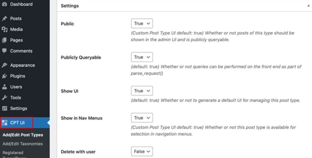 configure additional attributes cpt ui