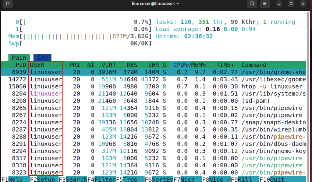 Display Processes for a Specific User Using htop