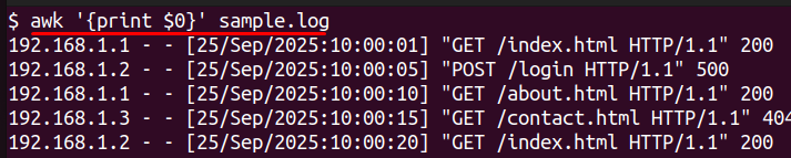 print every line using awk