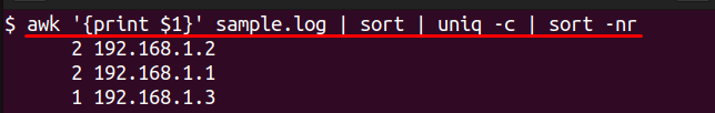 identifying most frequent ip addresses using awk