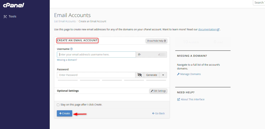 specify email details to create an account
