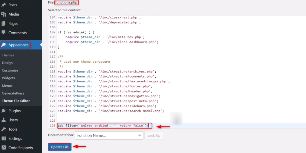 Update functions.php File 